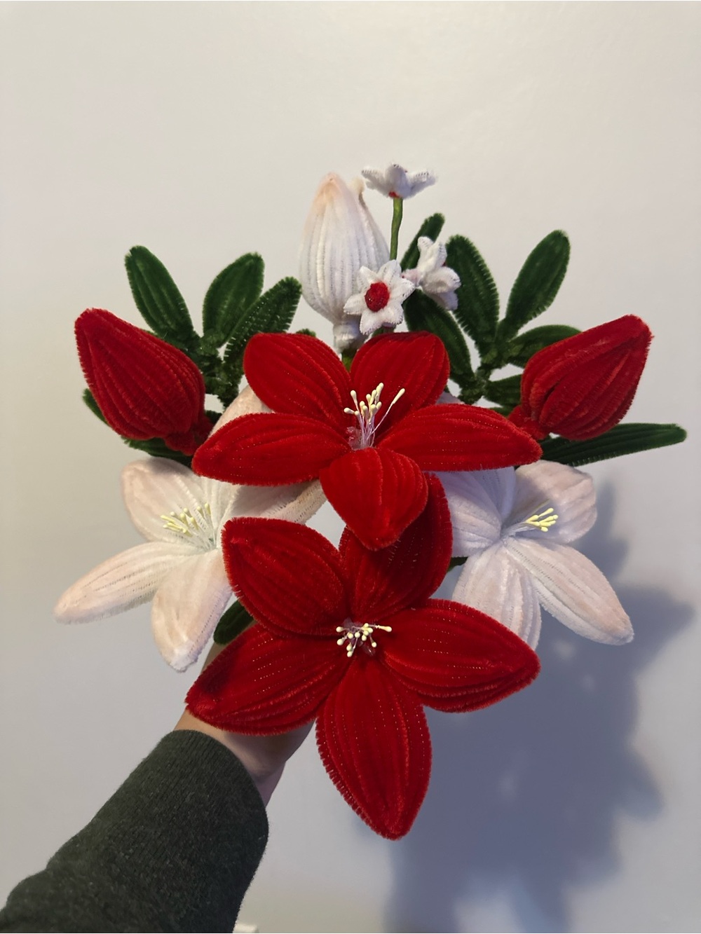Handcrafted Red and White Velvet Flower Bouquet - Home Accents